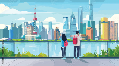 Tourists couple in modern China city. People visiting