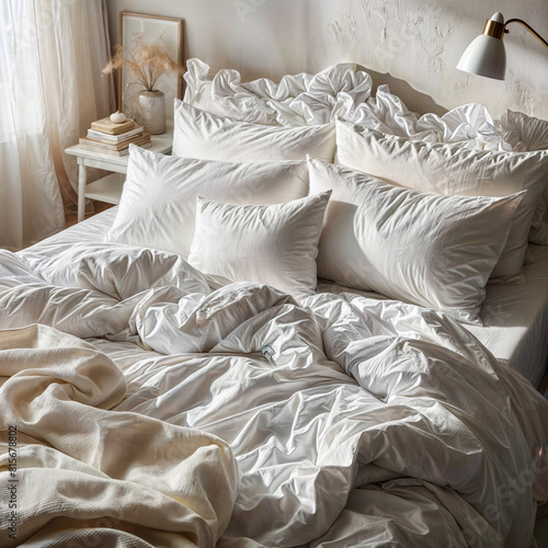 arafed white bed spread on top of a white bed, fotografia, white sheets, white pillows, white bed, cozy bed, covered with blanket, detailed white, beautifully soft lit, detail shot, best on adobe stoc