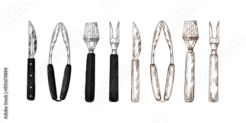 A set of colored and monochrome hand-drawn sketches of barbecue tools. Detailed retro style grill tools. Doodle vintage illustration. Engraved image.