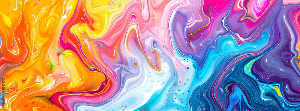 Abstract colorful background with swirling liquid paint and vibrant colors. A fluid, psychedelic pattern in bright hues of blue, pink, orange, yellow, purple, red, green, and white. 