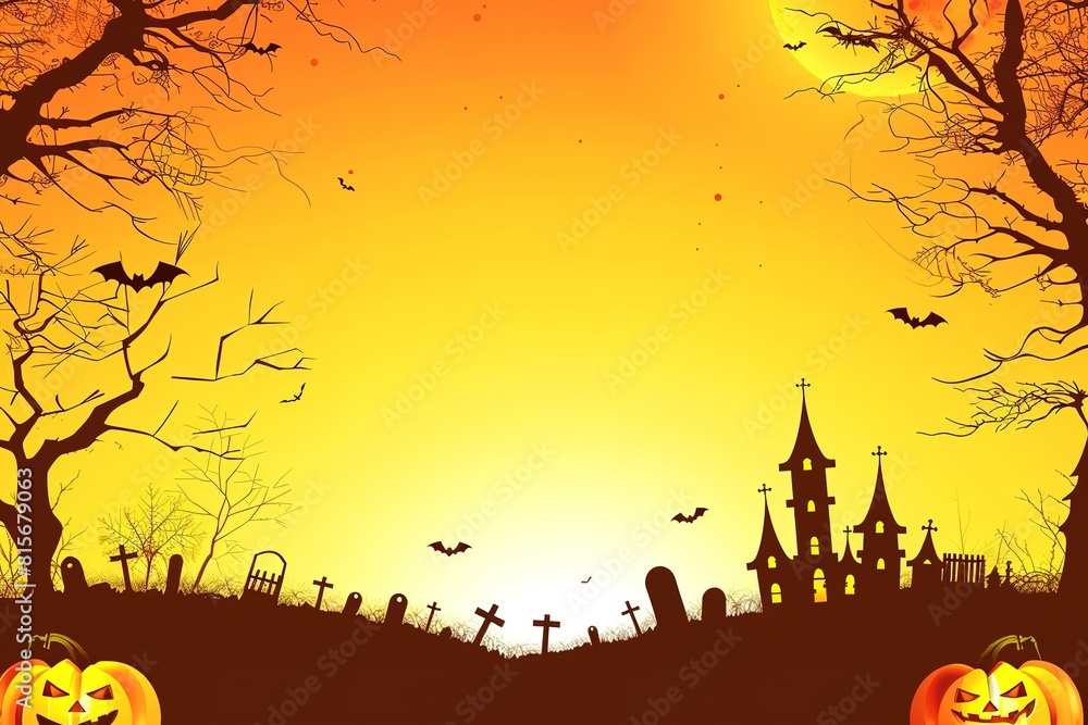 Spooky halloween background of ghost house with bats and jack-o-lanterns, digital illustration