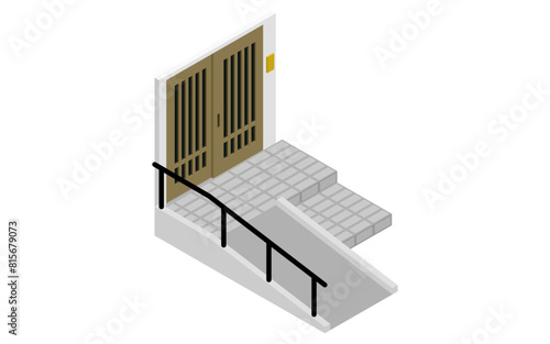 Home remodeling, nursing home remodeling with ramp in front of entrance, isometric illustration