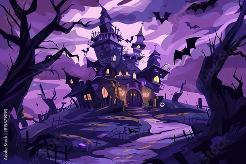 Halloween background with a house and various evil spirits