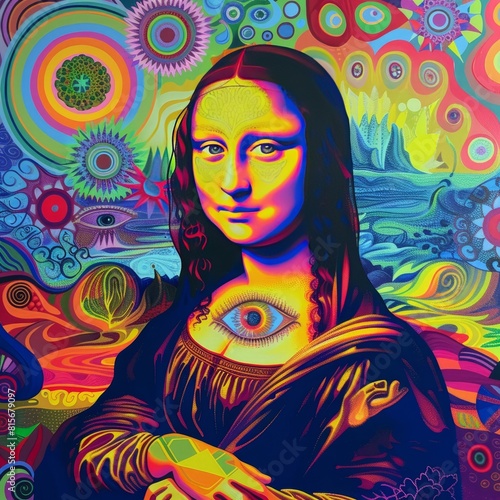 Mona Lisa with third eye  colorful background  trippy artwork in the style of psychedelic  acidwaves 