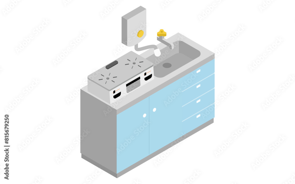 Home renovation, old water heater kitchen, isometric illustration Home renovation, old water heater kitchen, isometric illustration