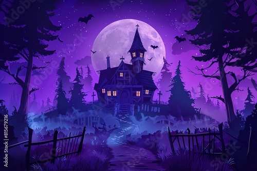 Halloween background with a house and various evil spirits