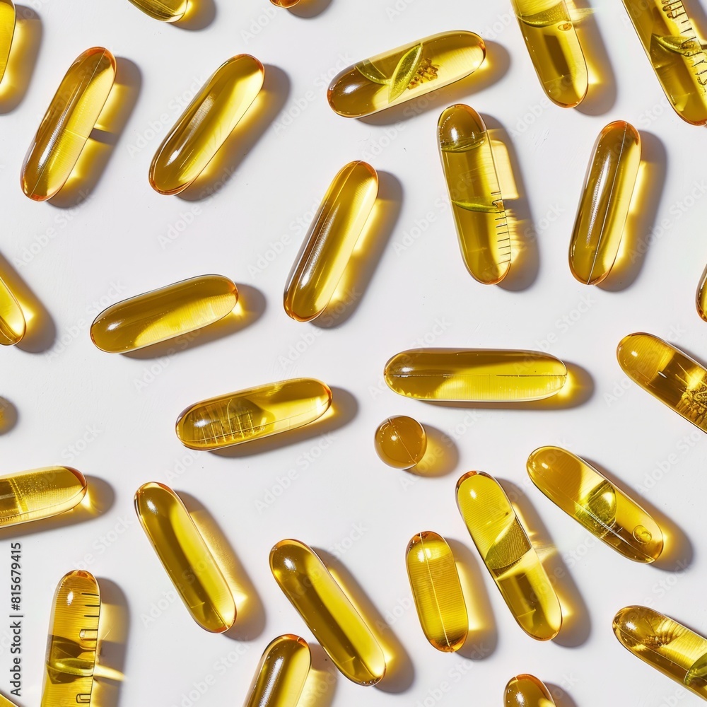 yellow colored vitamin capsules, scattered on a white background for realistic photography yellow colored vitamin capsules, scattered on a white background for realistic photography