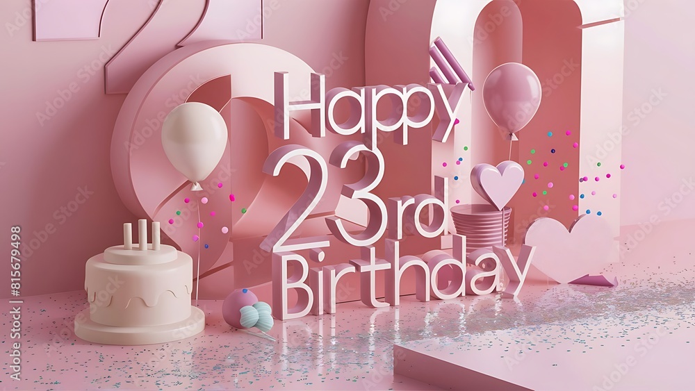 Minimalist 3D Happy 23rd Birthday Background With Balloons , Hearts ...