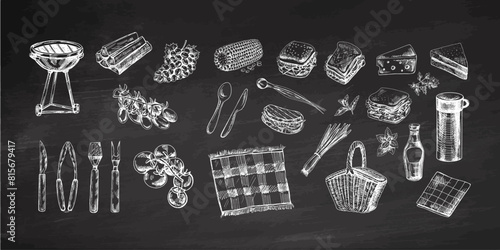A set of monochrome hand-drawn sketches of barbecue and picnic elements on chalkboard background. For design of menu of restaurants and cafes, grilled food. Vintage illustration. Engraved image.