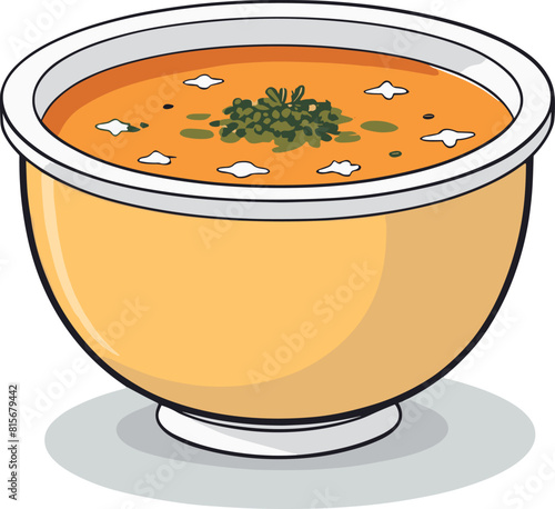 Vector illustration of a white ceramic bowl filled with a creamy soup