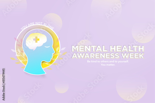 Mental Health Awareness Week  Banner. Mental Health Icon, Brain with health symbol on blue pastel background. Mental Health Wallpaper. vector Illustration.