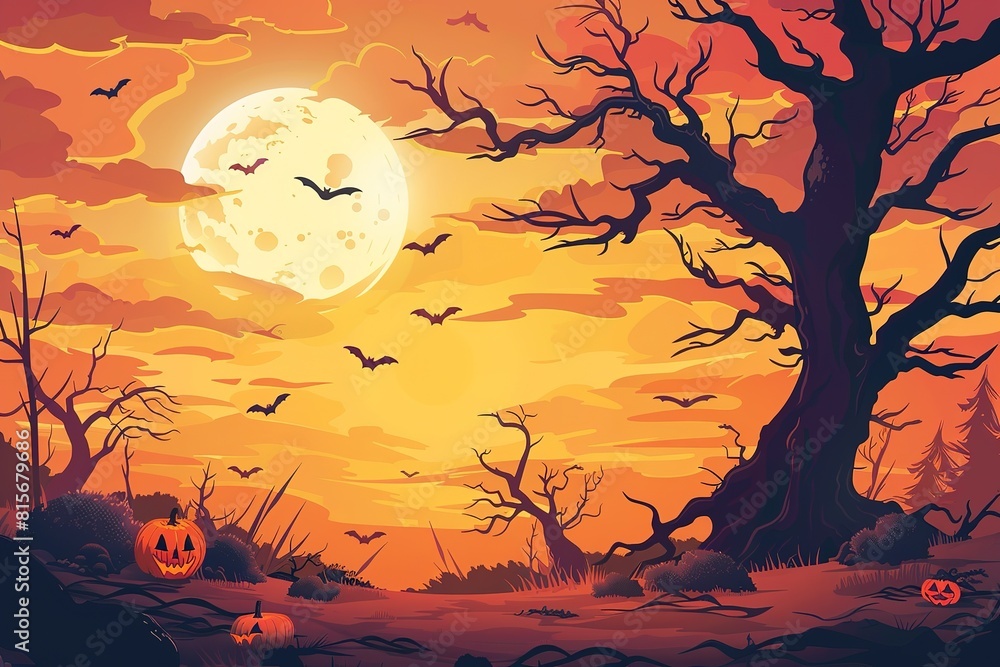 Halloween night background with full Moon and pumpkins, illustration