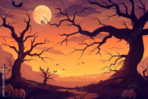 Halloween night background with full Moon and pumpkins, illustration