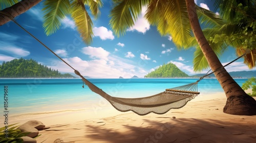 Empty tropical beach with palm trees  hammock swaying in gentle breeze  turquoise sea stretching far