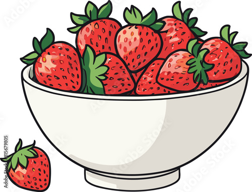 Vector cartoon illustration of a white and green bowl filled with ripe red strawberries