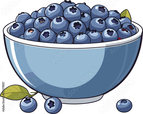 Vector illustration blue ceramic bowl filled to the brim with freshly picked blueberries
