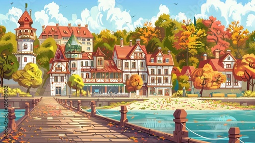Old European town promenade and bridge over rivet. Modern cartoon cityscape with old lake quay  empty seafront with retro architecture  autumn trees  and pier.