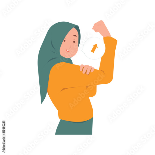 Powerful strong muslim woman raises arms and shows biceps, inner strength concept illustration