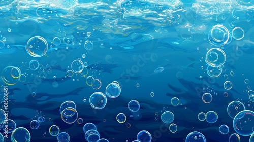 Realistic 3D modern illustration of an abstract background with air bubbles on blue water surface, dynamic motion, transparent aqua, randomly moving underwater fizzing, drink or cosmetics advertising