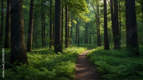 Fototapeta Naklejka Na Ścianę i Meble -  pathway in green wild forest background. woods background