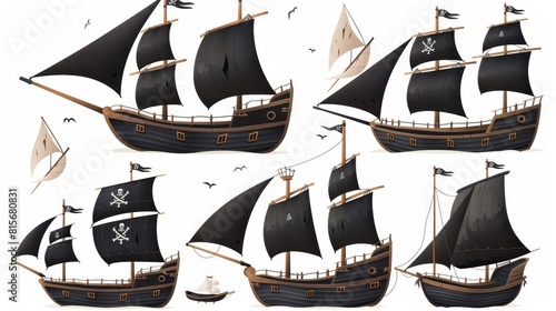 Black sails, cannon holes, and sailyards on a wooden pirate ship set isolated on a white background.