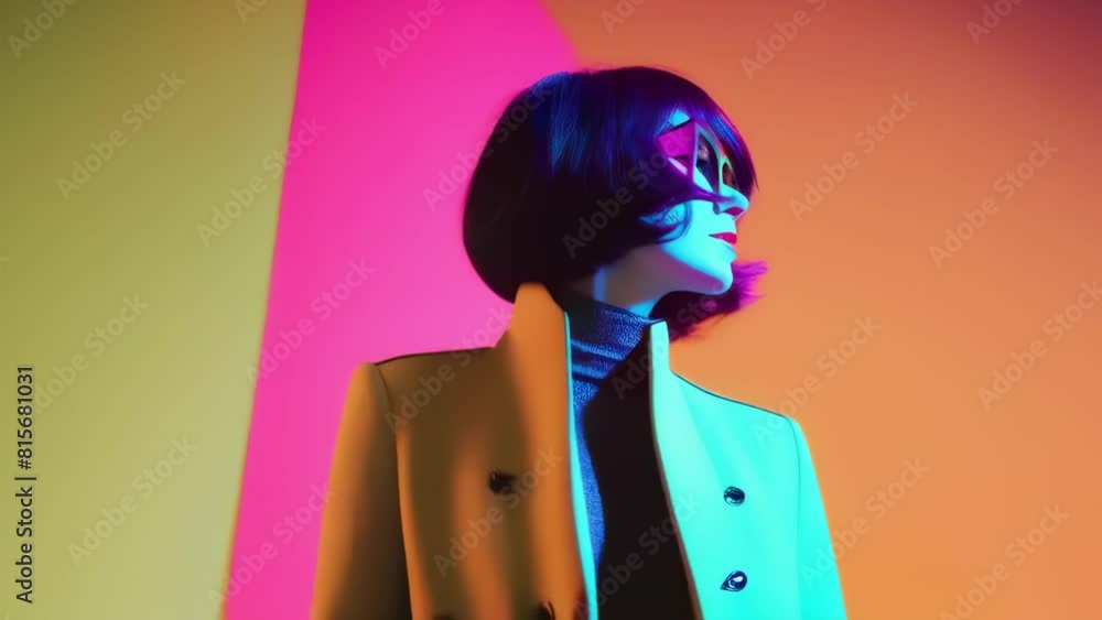 Retro fashion woman with makeup and hairstyle posing isolated on solid soft neon light baground - new 4K stock Video AI Animation footage Retro fashion woman with makeup and hairstyle posing isolated on solid soft neon light baground - new 4K stock Video AI Animation footage
