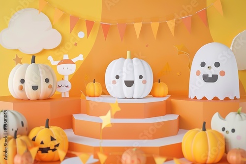 3D render podium on orange background. Halloween pumpkin with transparent circle frame. Jack o lantern display showcase. Fall product promotion. 3D