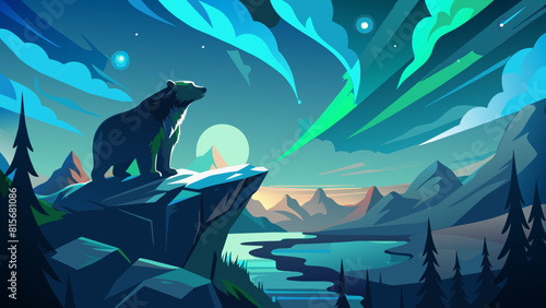 Majestic Bear Overlooking a Surreal Northern Landscape Under Starry Sky