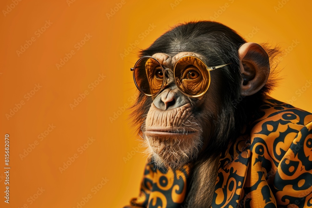 Chimpanzee Posing in Orange Paisley Shirt Chimpanzee Posing in Orange Paisley Shirt