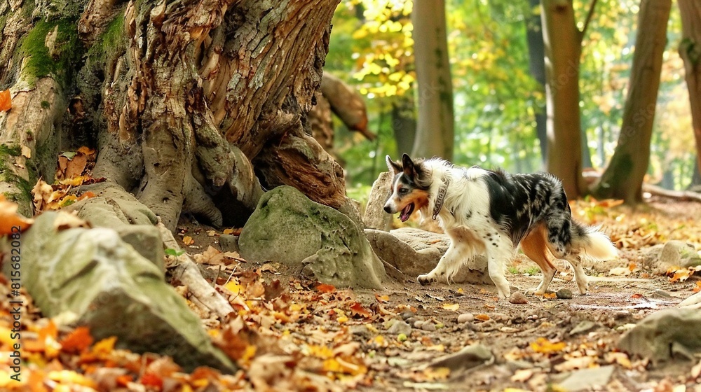   A tri-colored pooch strolling through a forest with boulders, foliage, and a towering oak in the distance