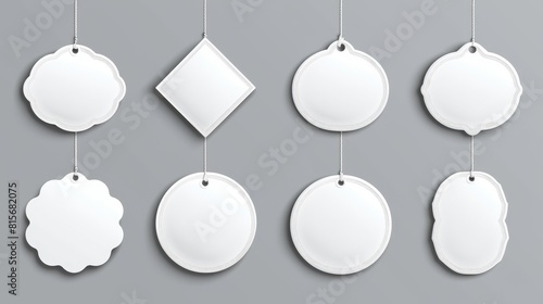 Mockup of white speech bubbles. Various price tags. Set of modern realistic paper wobbles with clear plastic strips for supermarket shelves. photo