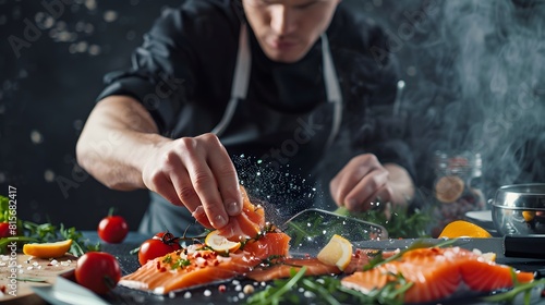 Sea cuisine, Professional cook prepares pieces of red fish, salmon, trout with vegetables