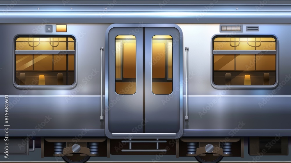 Train wagon with shutters and closed doors. Modern realistic background with metal doors and windows in a metro carriage. Train wagon with windows outside. Train wagon with shutters and closed doors. Modern realistic background with metal doors and windows in a metro carriage. Train wagon with windows outside.