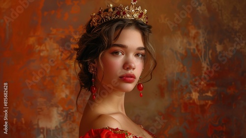 A young woman, with long dark hair, wearing a gold and red crown. She is wearing a red dress with an off-the-shoulder neckline. She is looking to the right of the frame, with a slight smile on her fac