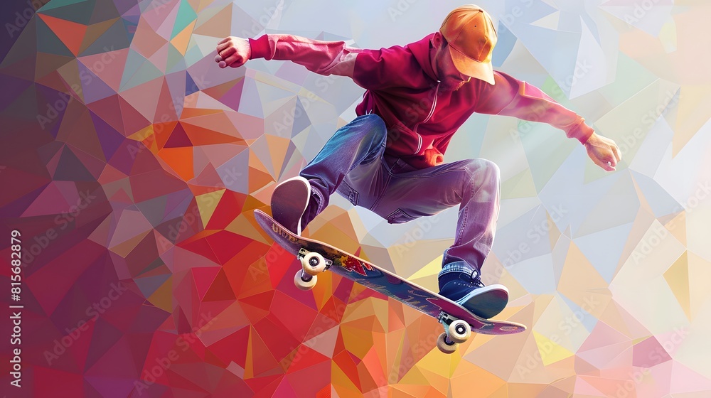 Skateboarder doing a jumping trick, low poly vector illustration. Skateboarder doing a jumping trick, low poly vector illustration.