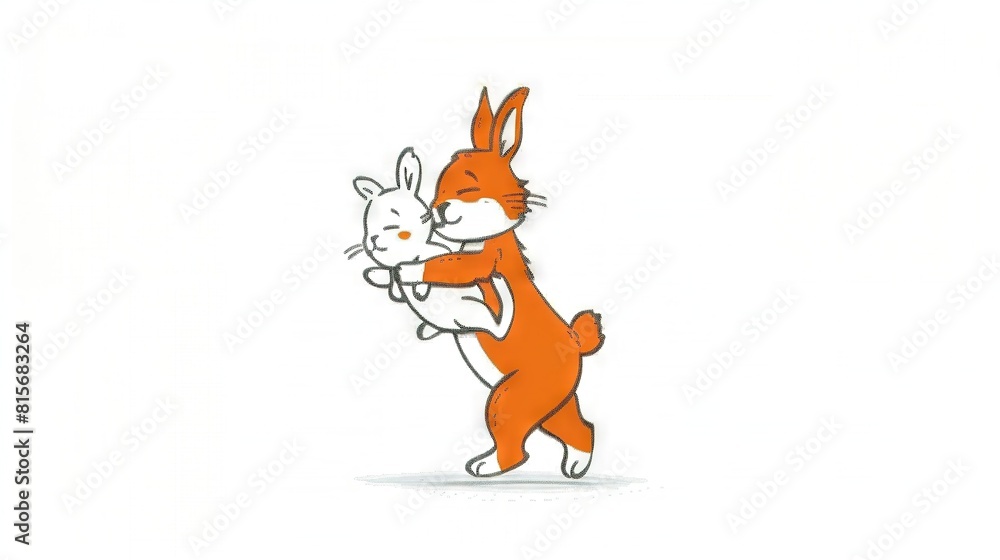 A drawing of a cat hugging a rabbit on its back legs against a white ...