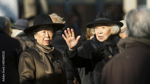 Two older Asian women, dressed in black, wearing hats and surrounded by people