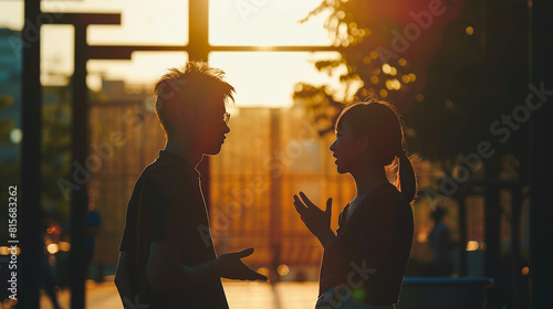 Young man and woman talking on the street at sunset