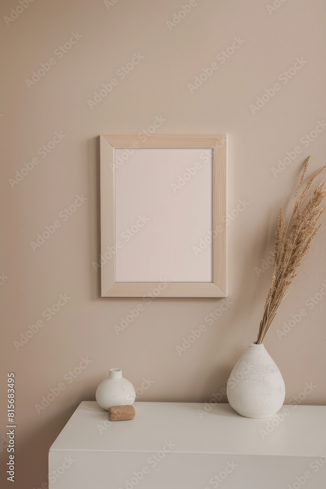 Mock up photo frame on the beige wall with dried flowers in vase. Vertical orientation. Mock up photo frame on the beige wall with dried flowers in vase. Vertical orientation.
