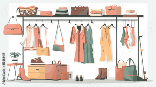 Vector illustration showroom. Coat rack with clothes