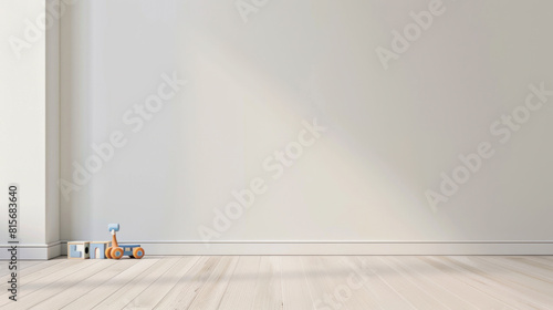 Empty apartment in white color with kid's toys. Minimalism style. Copy space.