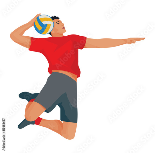 Isolated figure of a Korean volleyball player in profile who aims and throws the ball forward