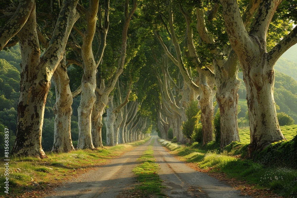 Naklejka premium Poplar Tree Lined Road: Symmetrical rows of trees along a country road.