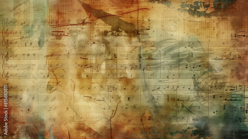 Background textured with old maps  sheet music  or vintage photographs.