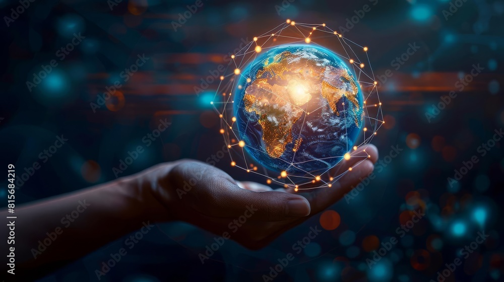 Digital hand holding a globe, symbolizing global connectivity Digital hand holding a globe, symbolizing global connectivity