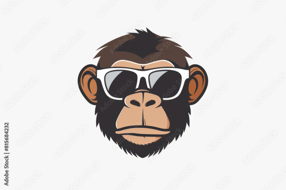 Fototapeta premium a monkey's head in sunglasses on a white background. A cute cartoon character of a cool, smart, young, wise chimpanzee dressed stylishly. A flat illustration.