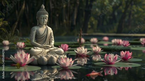 Buddha statue. Lotus of Wisdom: In a tranquil pond shaded by towering trees, a serene Buddha statue sits in graceful repose atop a blooming lotus blossom.