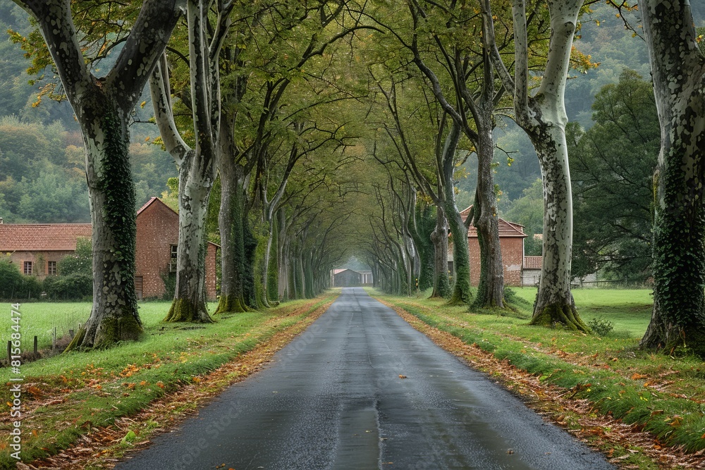 Poplar Tree Lined Road: Symmetrical rows of trees along a country road.