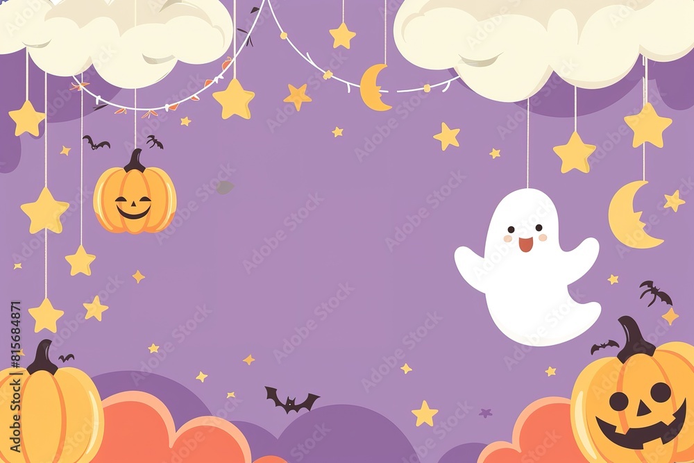 Fototapeta premium pumpkins, white ghosts, bats and yellow stars on Purple background. Design elements for Halloween party. Flat cartoon illustration.