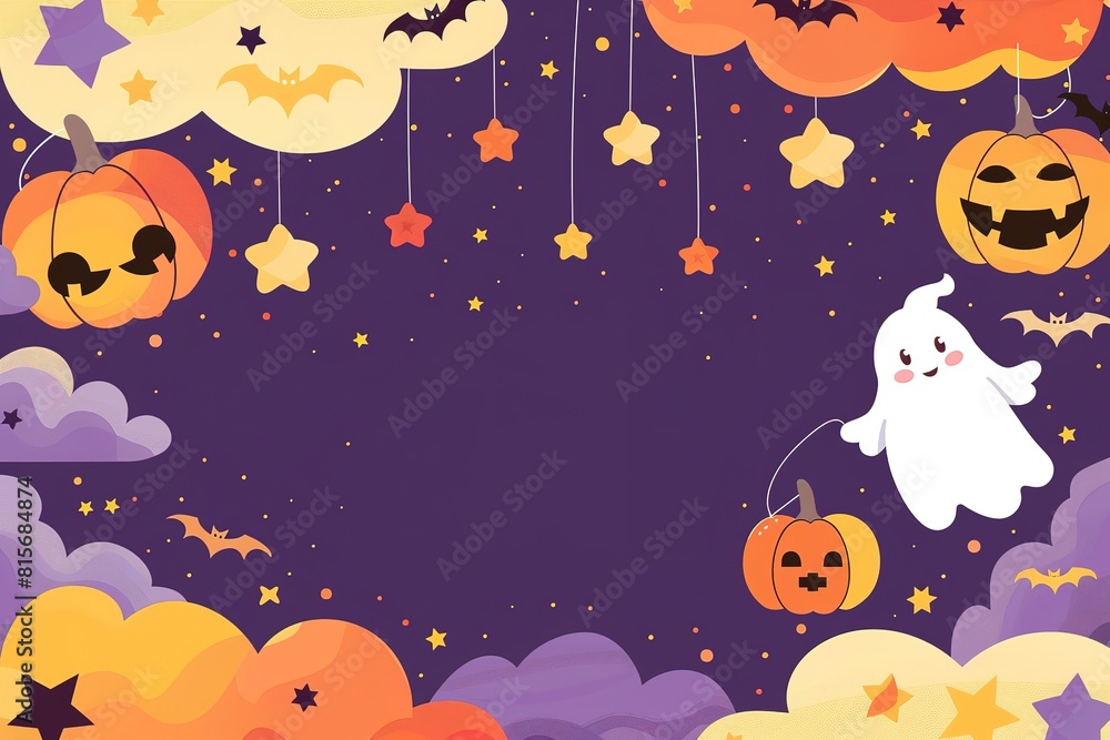 Naklejka premium pumpkins, white ghosts, bats and yellow stars on Purple background. Design elements for Halloween party. Flat cartoon illustration.
